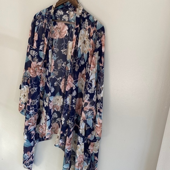 PinkBlush Womens OS Floral Kimono Cardigan Jacket Pink and Blue Light Flowy - Picture 1 of 3